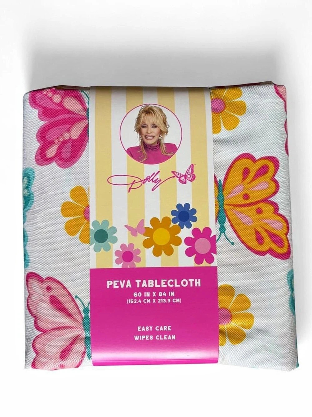 Dolly Parton Butterfly Print PEVA Tablecloth Floral White & Pink